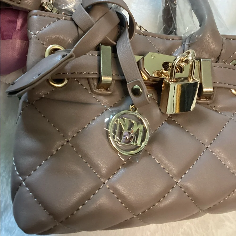 Badgley Mischka Sm Diamond Quilted Taupe Purse Bag Tote - Picture 3 of 6